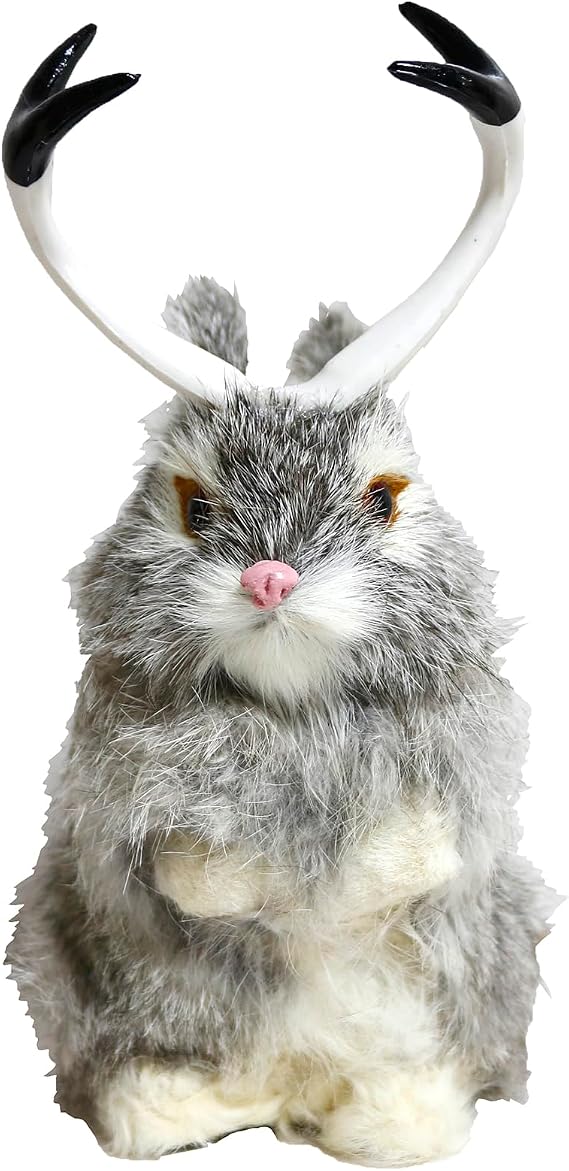Realistic Jackalope Furry Wild Animal Replica Figurine Easter Bunny Spring Hare Simulated Rabbit w Antlers Home Decor (Gray)