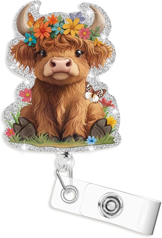 Highland Cow Nurse Badge Reel, Cute Retractable Work Badge Holder