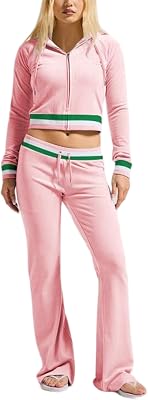 yidengymx Velour Tracksuit for Women, Womens Velvet Color Block Long Sleeve Hoodie Flare Pants 2 Piece Outfits with Pockets