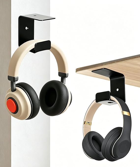 2 Pack Wall Mount Headphone Stand, Adhesive & Screw Mount Headphone Hook Holder with Rubber Pad, Universal Headset Hanger for Desk, Table Edge, Gaming Setup Accessories