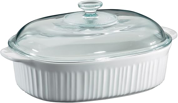 CorningWare 4-Quart French White Oval Casserole with Glass Lid | Stoneware Construction | Non-Porous Surface | Preheated Oven Safe | Refrigerator & Freezer Safe | Top-Rack Dishwasher Safe