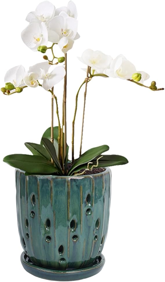 vensovo 6 Inch Ceramic Orchid Pot with Holes and Saucer, Green Planter