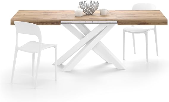 MOBILI FIVER Emma 140 cm Rustic Oak Extendable Table with White X-Legs Laminated Iron Made in Italy