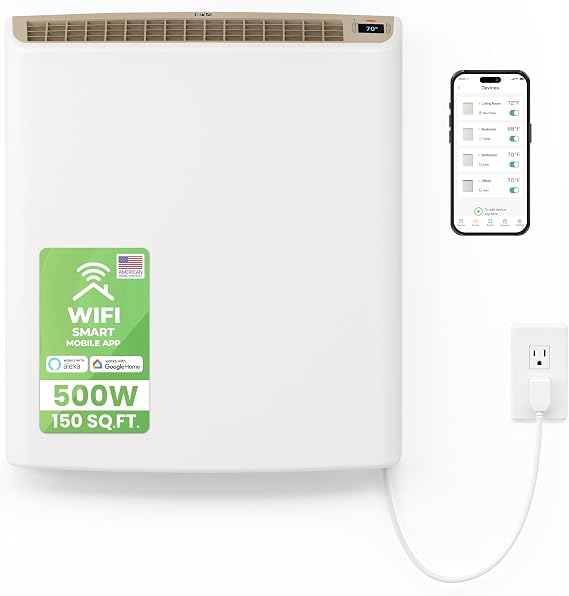 Smart Envi Wi-fi Plug-in Electric Wall Heater - Energy Efficient Smart Heaters for Indoor Use - App Controlled Electric Heater with Thermal Shut Off Switch - Compatible with Alexa & Google Home