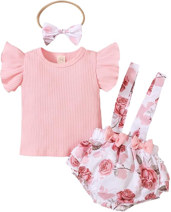 Summer Newborn Baby Girl Clothes Flare Sleeve T-Shirt Tees+Suspender Ruffles Shorts Outfit Set+Headband