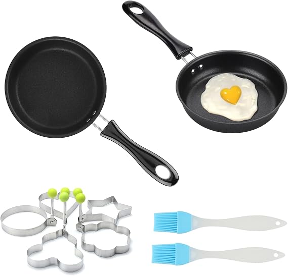 2 Pcs Small Frying Pan Non Stick, with 4 Egg Molds & 2 Oil Brush