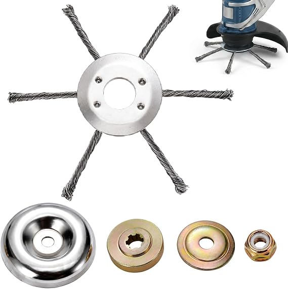 5-pcs 6-Blade Trimmer Head with Universal Adapter Kit Set with Nut and Washers, Heavy Duty Manganese Steel Blade for Thick Brush Cutting and Garden Maintenance