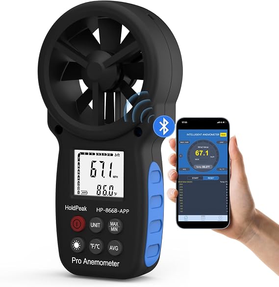 HoldPeak Handheld Anemometer Bluetooth, Digital Wind Speed Gauge Meter, Air Flow Velocity Temperature CFM Measuring Device for HVAC Outdoor Sailing Shooting Golf, 866B-APP
