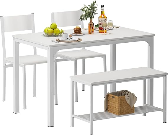 SDHYL Dining Table Set for 4, 43" Dining Room Table with Two Chairs and One Bench, 4 Pieces Set Table Top with Metal Legs in Living Room, Dining Room, Space Saving Kitchen Table Set, White