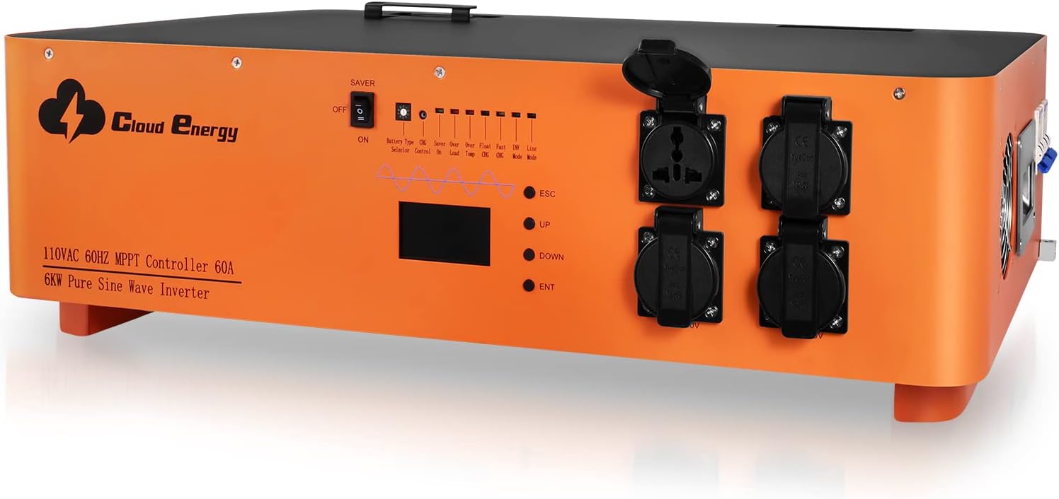 Cloudenergy 6000W 48V Pure Sine Wave Inverter with 60A MPPT Controller, 48Vdc to 110V Output,18000W Surge,Low Frequency,LCD Remote Panel,for Home,RV,Truck