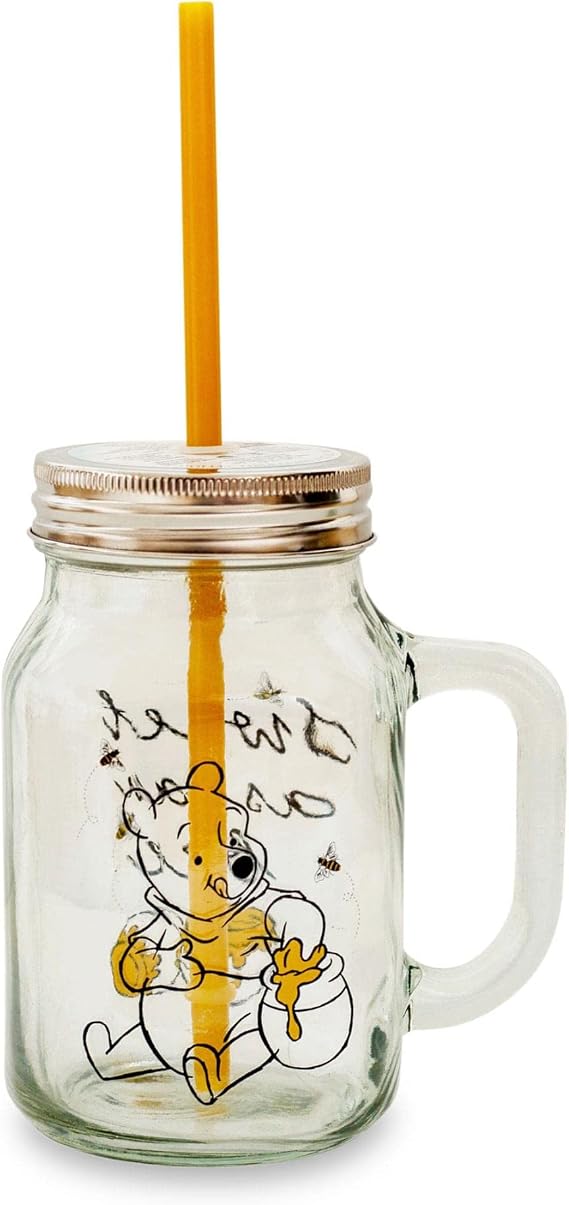 Disney Winnie the Pooh "Sweet As Can Bee" Glass Mason Jar With Lid and Straw | 21-Ounce Tumbler For Beverages, Smoothies | Food Storage Container For Jam, Honey, Candy | Home & Kitchen Essentials