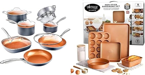 Gotham Steel Pots and Pans Set 12 Piece Cookware Set & Non Stick Ceramic Bakeware Set, 5 Piece No Warp & Dishwasher Safe Baking Set, Baking Pans Set