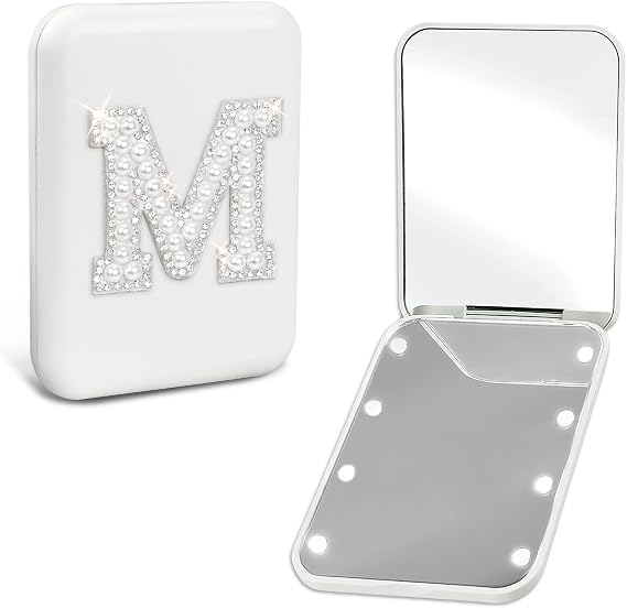 Pearl Initial Compact Mirror with Lights Preppy 6 7 8 9 10 11 12 13 Year Old Girl Birthday Gifts Cute Mini LED Pocket Makeup Mirror Teen Girls Trendy Stuff Travel Essentials for Women White M