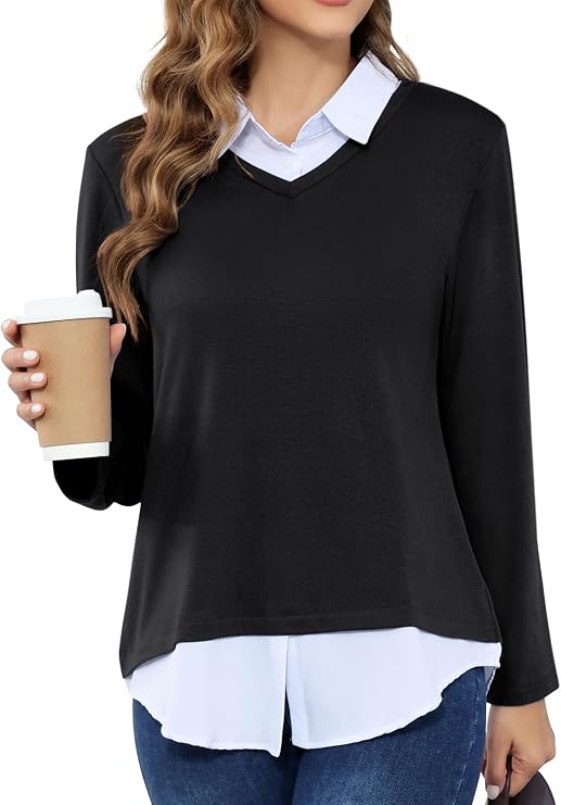 MISS FORTUNE Women's V-Neck Fall Winter Sweater Collar 2 in 1 Casual Long Sleeve Patchwork Office Pullover Shirts 2025