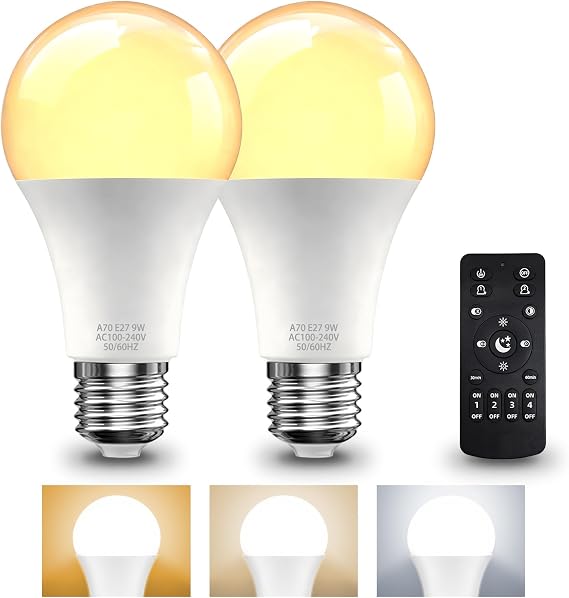 E27 LED Bulb with Remote Control, 9W LED Bulbs 60W Equivalent, 3000K-6500K Stepless Dimmable Remote Control Light Bulb with Timing, Memory Function, 800LM, E27 Base, 2 Bulb & 1 Remote [Energy Class A]
