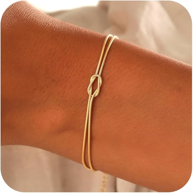 Matching Bracelets for Couples,Dainty Gold Love Knot Bracelet 14K Gold Plated Herringbone Chain Bracelet Relationship Jewelry Gifts for Best Friend