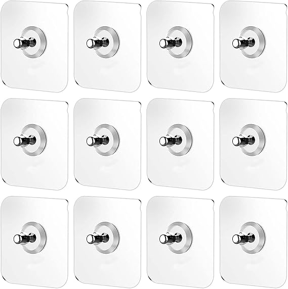 12 kendinden yapışkanlı kanca, süper taşıma kapasitesi, kendinden yapışkanlı vida, su geçirmez, delmeden duvara sabitleme, şeffaf, kendinden yapışkanlı vida çıkartması, banyo, mutfak için, 7 x 7 cm