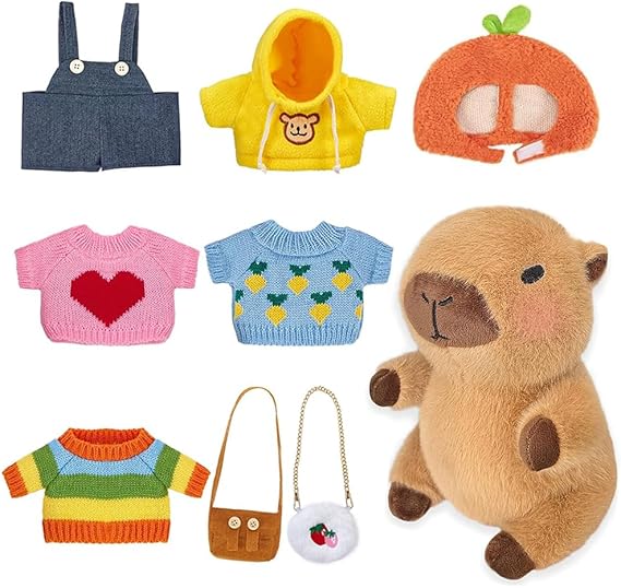 Capybara Plush with 9 PCS Clothes &Accessories, 25cm Capybara Stuffed Animal, Cute CapybaraTeddy, Capybaras Plush Soft Toy,Dress Up Capybaras Stuffed Animal PlushToys Gift for Kids Boy Girl (L)