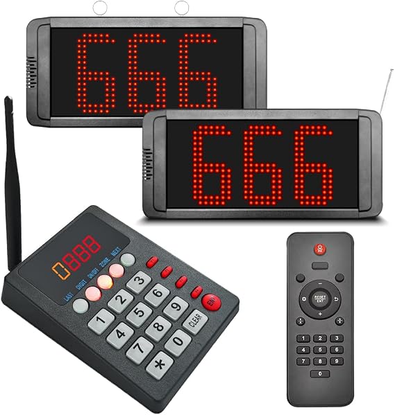 Queue Calling System Pager Take A Number System for Restaurant Hospital Bank Barbershop Office Customer Waiting Line Management (1 Keypad + 2 Displays)