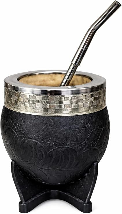 Yerba Mate Cup Set Argentina, Calabash Gourd, Tooled Leather, Alpaca