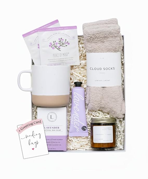 Unboxme Luxury Lavender Spa Gift Set Relaxation Gift Basket & Care Package for Women with Candle, Bath Bomb, Soap, Cozy Socks, Mug & Tea Get Well Soon, Sympathy, Birthday Self-Care Gift