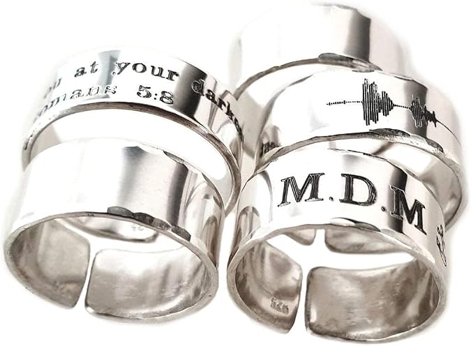 NadinArtDesign Real Sterling Silver Ring Personalized Ring Engraved Band Custom band, Gift for her or him, Unisex size 8mm wide. Adjustable Band, Personalized Birthday Gift