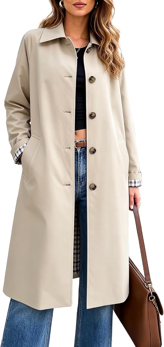 Flygo Womens Long Trench Coat Windproof Oversized Casual Fall Jackets