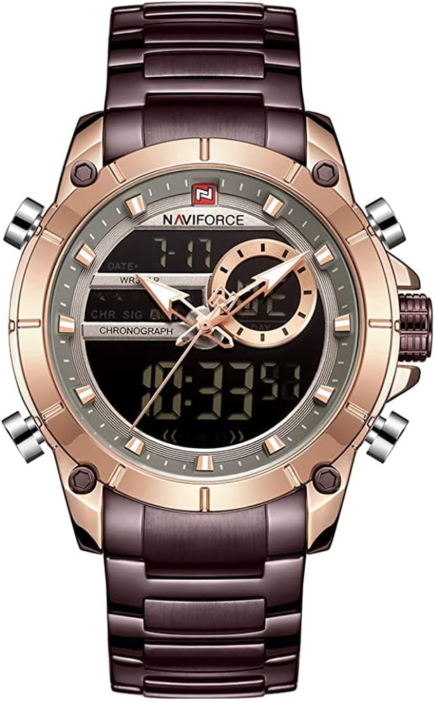 NAVIFORCE Mens Watches Dual Display Digital Quartz Watch Multifunction Business Stainless Steel Wrist Watch, Rose Gold  Coffee, Digital, Quartz Watch