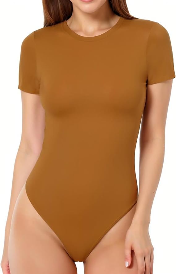 MANGOPOP Women's Round Neck Short Sleeve Bodysuit T Shirts Basic Tops