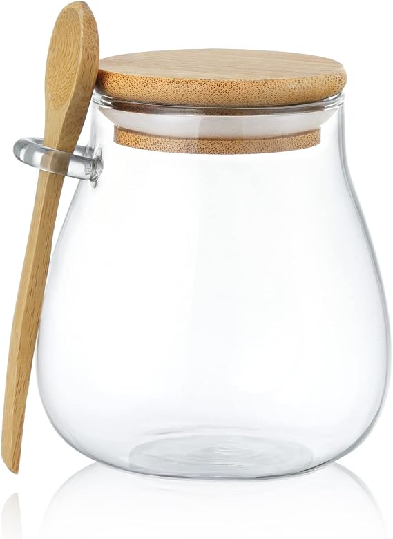 Joeyan Glass Jar with Airtight Bamboo Lid and Spoon Attached, 12 oz Salt Sugar Spice Seasoning Container, Clear Condiment Pot, Glass Food Storage Canister for Kitchen Countertop Pantry