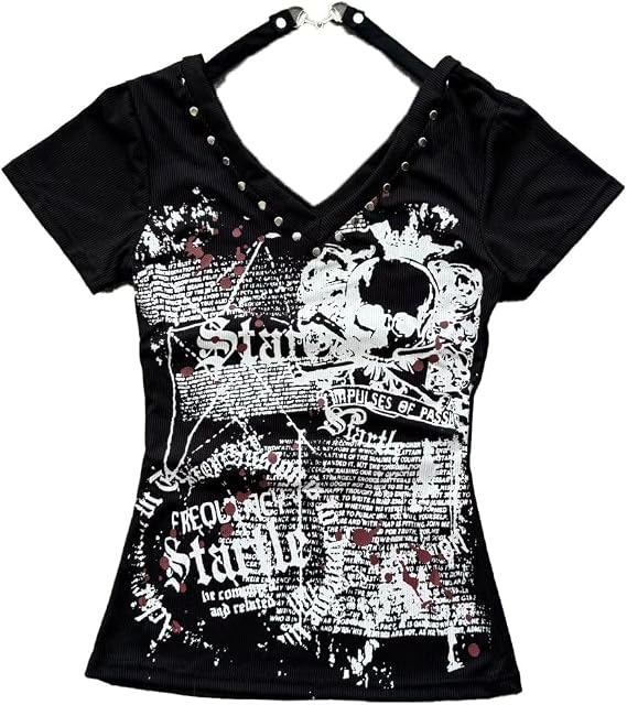 Womens Y2K Skull Gothic Graphic T-Shirt Vintage Slim Fit Grunge Print Tops Crew Neck Streeetwear Crop Top