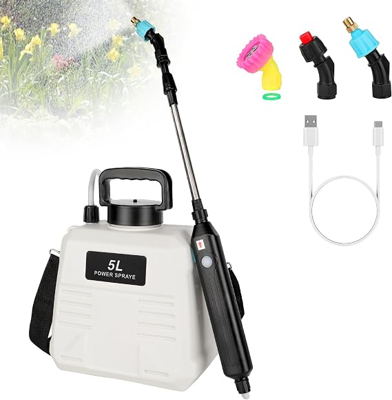 Battery Powered Sprayer 1.35 Gallon, Electric Garden Sprayer with 3 Mist Nozzles,Retractable Wand, Adjustable Strap for Lawn, Garden, Yard (White)