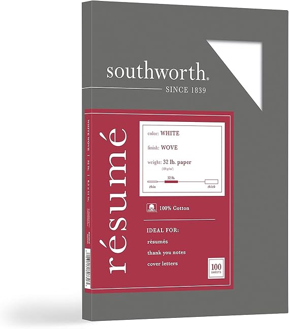 Southworth 100% Cotton Resume Paper, 8 1/2" x 11", 32 Lb, 100% Recycled, White, Pack of 100