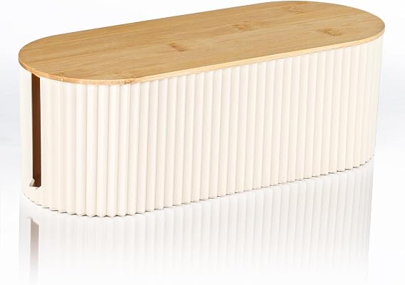 Cable Management Box with Solid Bamboo Cover, 12.6x5.4x4.4 inches, Beige