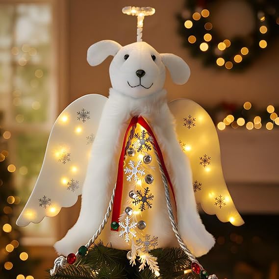 iHeartDogs Christmas Dog Angel Tree Topper with LED Halo | LED Lighted Halo, Snowflake Garland, Wings Decor, Holiday Decoration
