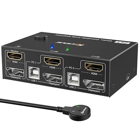 KVM Switch 2 Computer 2 Monitors DP HDMI, Dual Monitors Displayport KVM Switcher Supports 4K@60Hz for 2 Computers Share Keyboard, Mouse and Monitor
