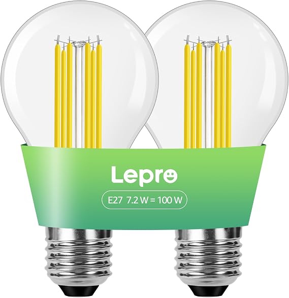 Lepro E27 Screw Bulb A-Rated, 7.2W=100W, 1521lm, Warm White, Pack of 2 [Energy Class A]
