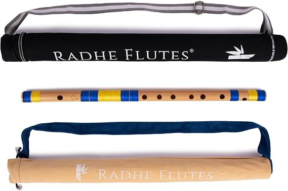 Radhe Flutes | PROFESSIONAL Bamboo Bansuri | C Natural | Right Handed | Middle Octave | With Hard Cover | Velvet Cover & Paper Tube | Blue & Yellow