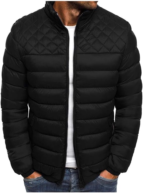 Mens Puffer Jacket without Hood Lightweight Padded Jackets Warm Coats Stand Collar Jacket Zipper Slim Fit Long Sleeve Quilted Jackets Solid Color Coats Transitional Tops Outdoor Winter Walking Outfits