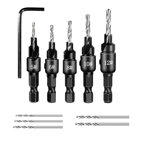 5-Piece Countersink Drill Bit Set, Quick Change Woodworking Drill witn One Adjustable 1/4” Hex Shank, with Free Replaceable Drill Bits for Woodworking Self Countersink Drill Bit