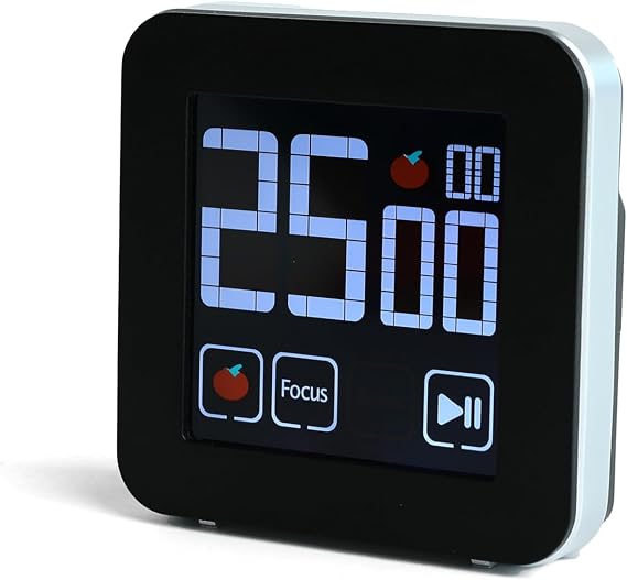 Fooocus Pomodoro Timer, Color Touch Screen, Preset/Custom Modes, Pomodoro Accumulation, Buzzer/Vibration/Flash Alarm for Work, Office, Study, Task, 25/5 min & Custom Countdown Cycle (Black)