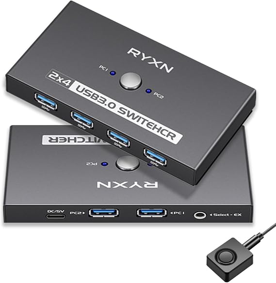 USB Switcher 2 Computers, USB C Switch 2 Computers Share 4 USB 3.0 Devices, with 1 Desktop Controller, 2 USB 3.0 Cables, 2 USB C Adapter
