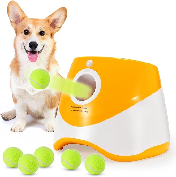 AutomaticDog ボールランチャー、10-30フィートの距離、USB充電式ボール投げ機、LEDインジケータ犬のおもちゃ、小型犬用のミニテニスボール6個5.08cm付属 オレンジ