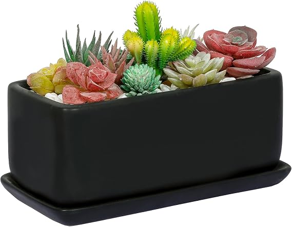 MyGift 10 Inch Matte Black Ceramic Succulent Planter with Tray