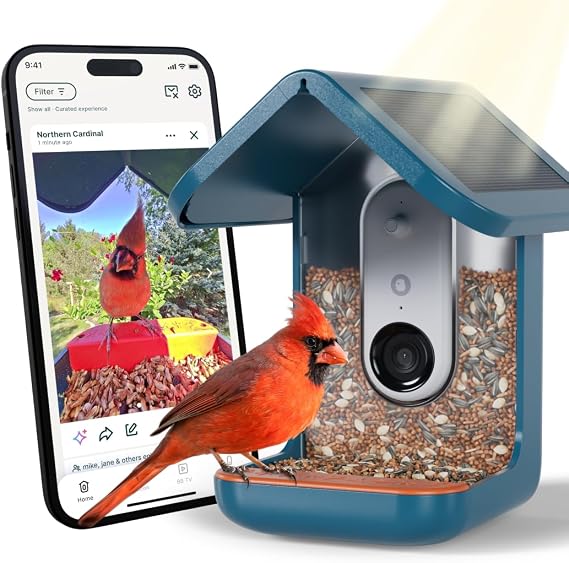 Birdbuddy PRO Solar Smart Bird Feeder with Camera - AI Bird Species Identification, 5MP Photos, 2K HD Video Live Stream Camera, Slow-Motion Video, 2.6in Focus - Blue Solar