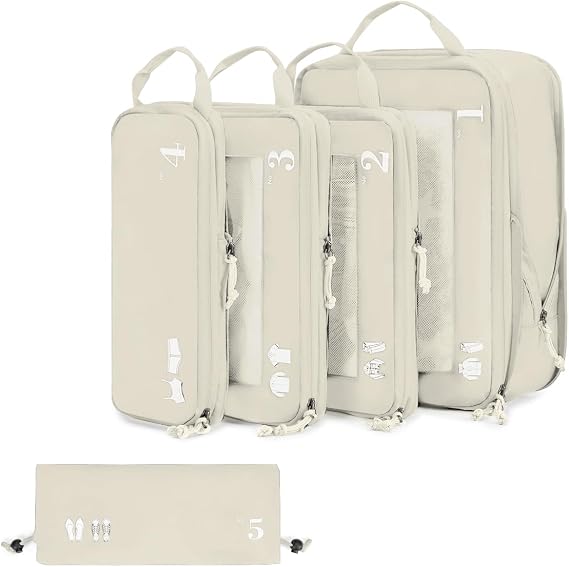 ECOHUB 5 Pack Compression Packing Cubes for Suitcases, Storage Bags, Travel Essentials with Shoe Bag for Travel, Ripstop Travel Accessories with Tag