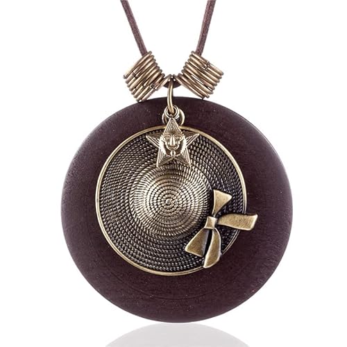 Long Necklaces for Women Wooden Bow-Knot Hat Pendant Chokers Necklace Vintage Jewelry Brown