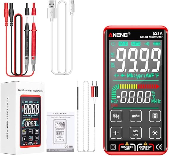 621A Smart Digital Multimeter Touch Screen Multimetro Tester Transistor 9999 Counts True RMS Auto Range DC/AC 10A Meter - Red