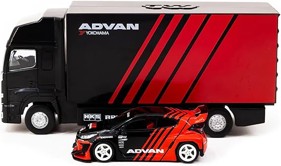 Tarmac Works Pandem Yaris RHD (Right Hand Drive) Red and Black Livery with Plastic Transporter Packaging 1/64 Diecast Model Car T64-080-ADV