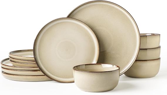 Stoneware Dinnerware Sets for 4, Reactive Glaze, Beige | 12-Piece Handcrafted Rustic Plates & Bowls Set | Scratch Resistant | Natural Mineral Finish | Dishwasher & Microwave Safe